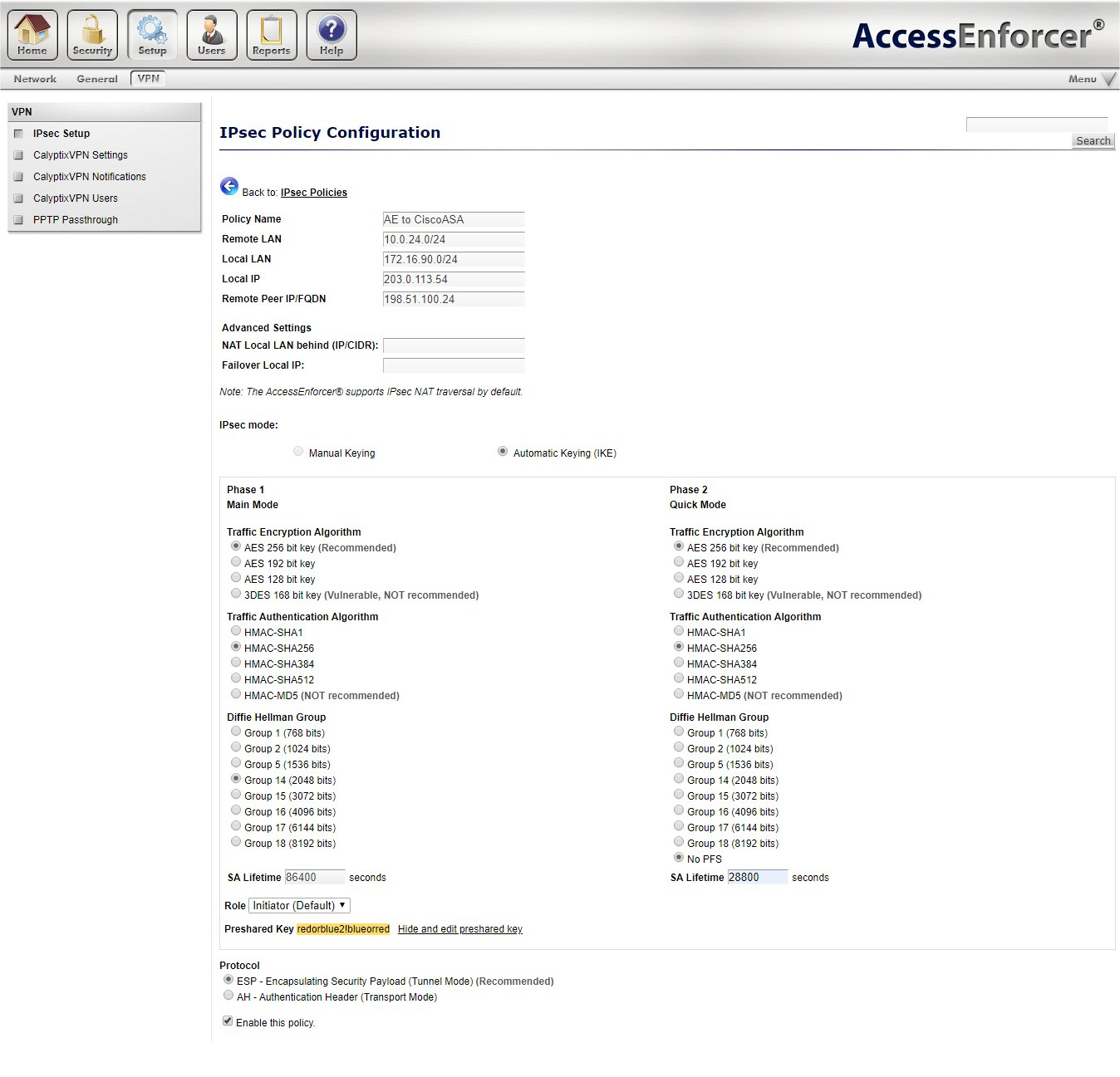 IPsec VPN: Cisco ASA5506 to AccessEnforcer
